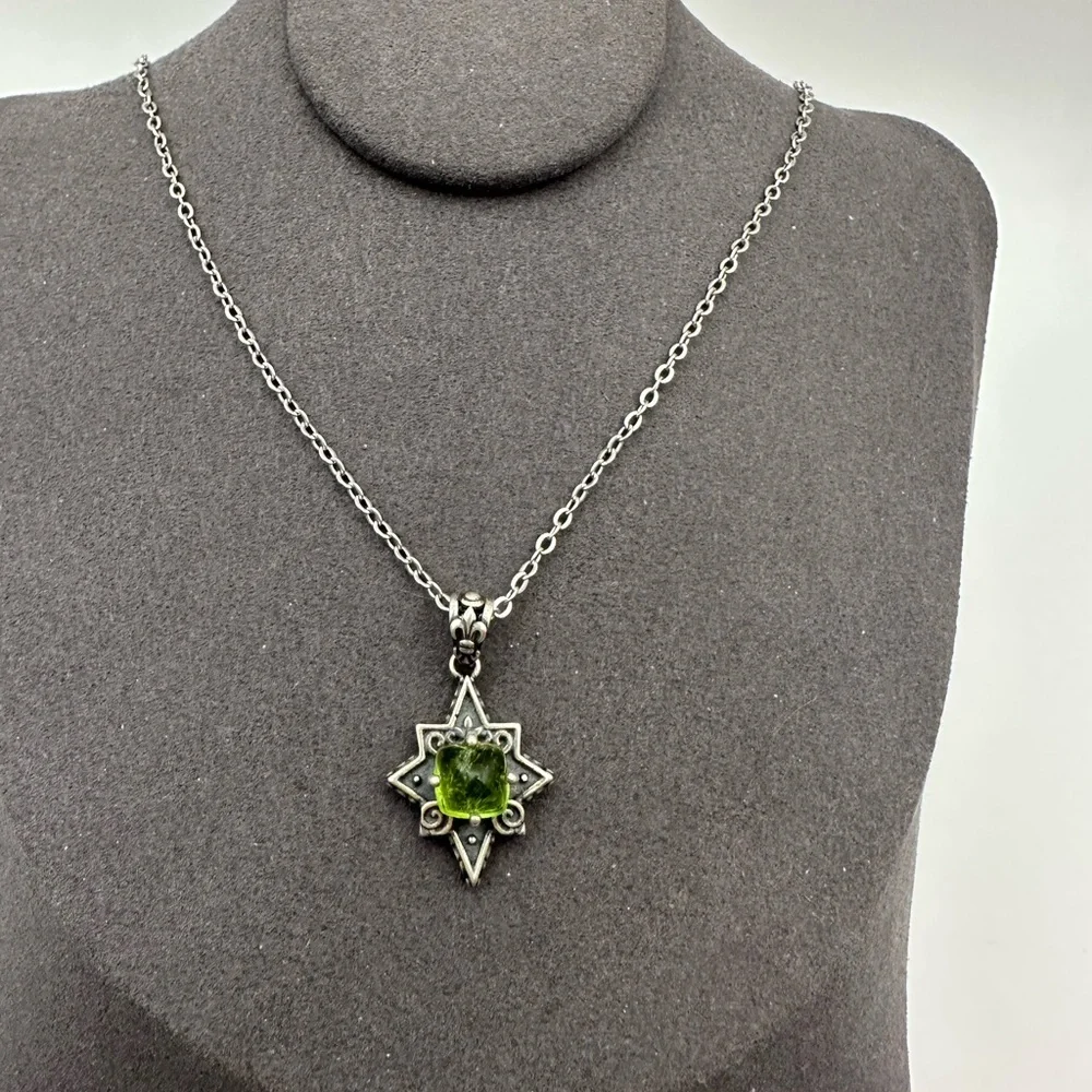 Silver Compass Star Pendant with Green Tourmaline on 18” Copper Chain - Picture 3 of 8